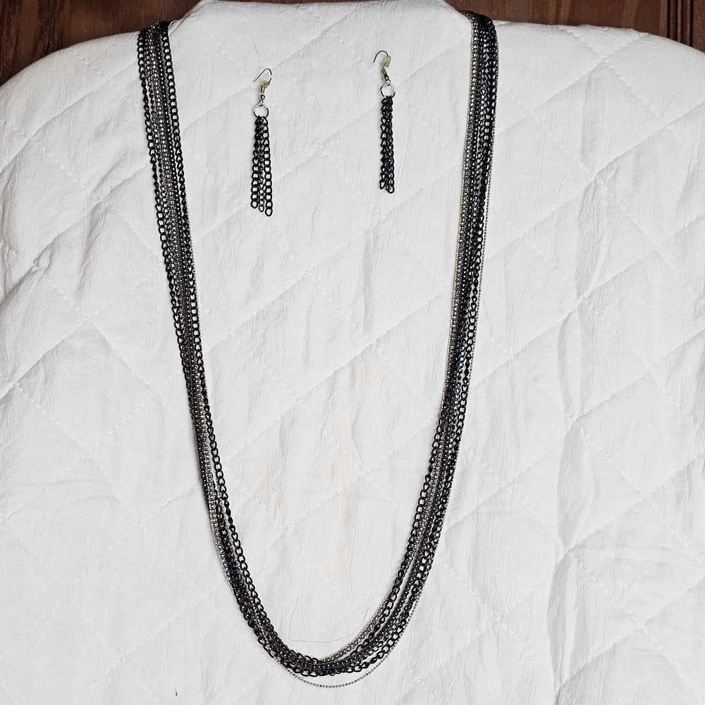 Women's Multi-Strand Black Chain Necklace and Earrings Set